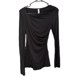 Kische Black Long Sleeve Drape and Ruched Top